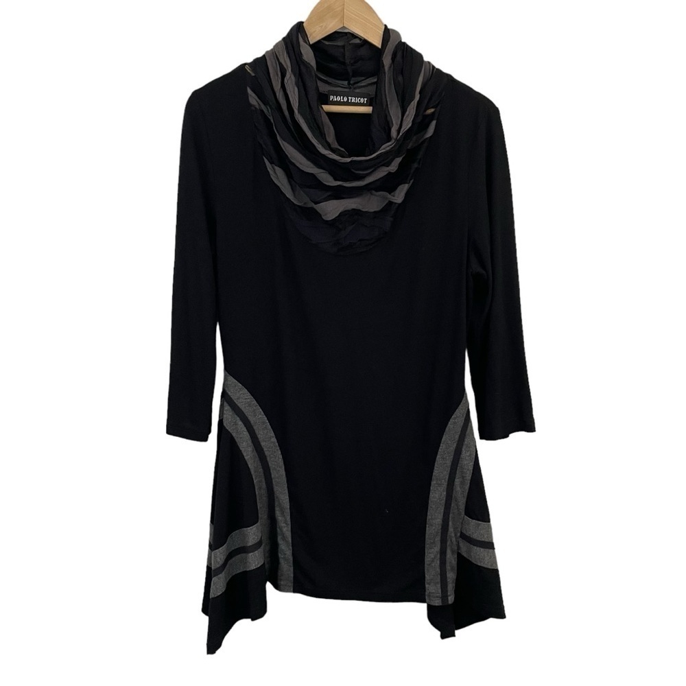 Paolo Tricot Lagenlook Tunic Top Dress Womens M Black Cowl Neck Artsy Slouchy